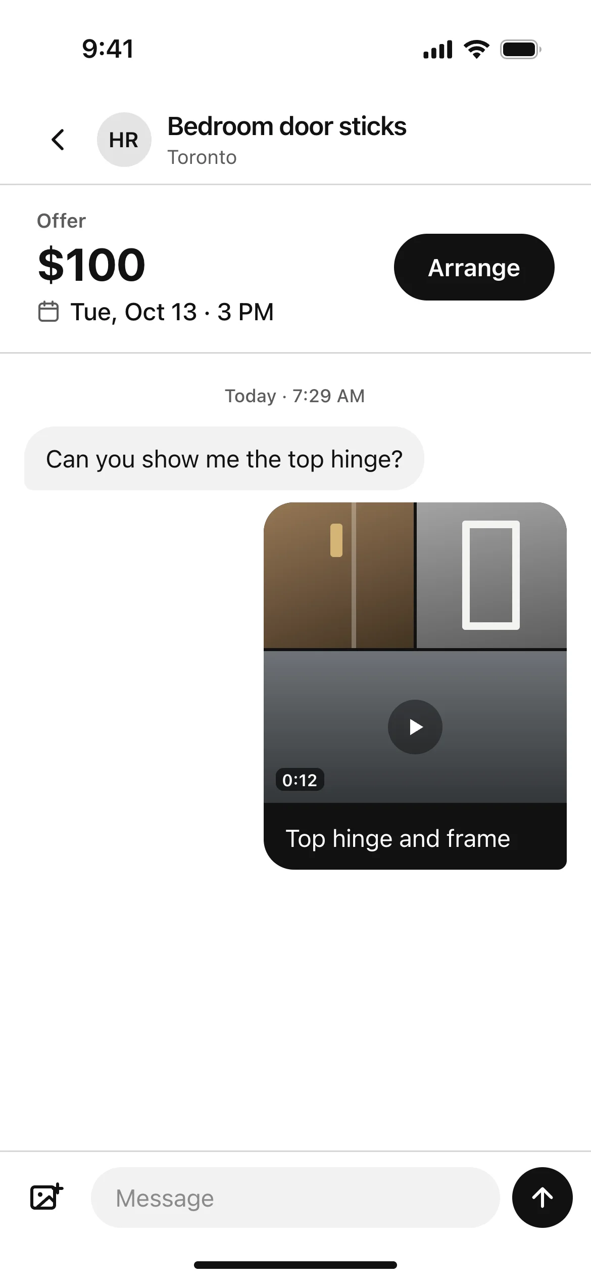 A chat with Hollis Repairs showing a $100 offer for Tue, Oct 13 at 3 PM, a question about the top hinge and a photo and video reply.