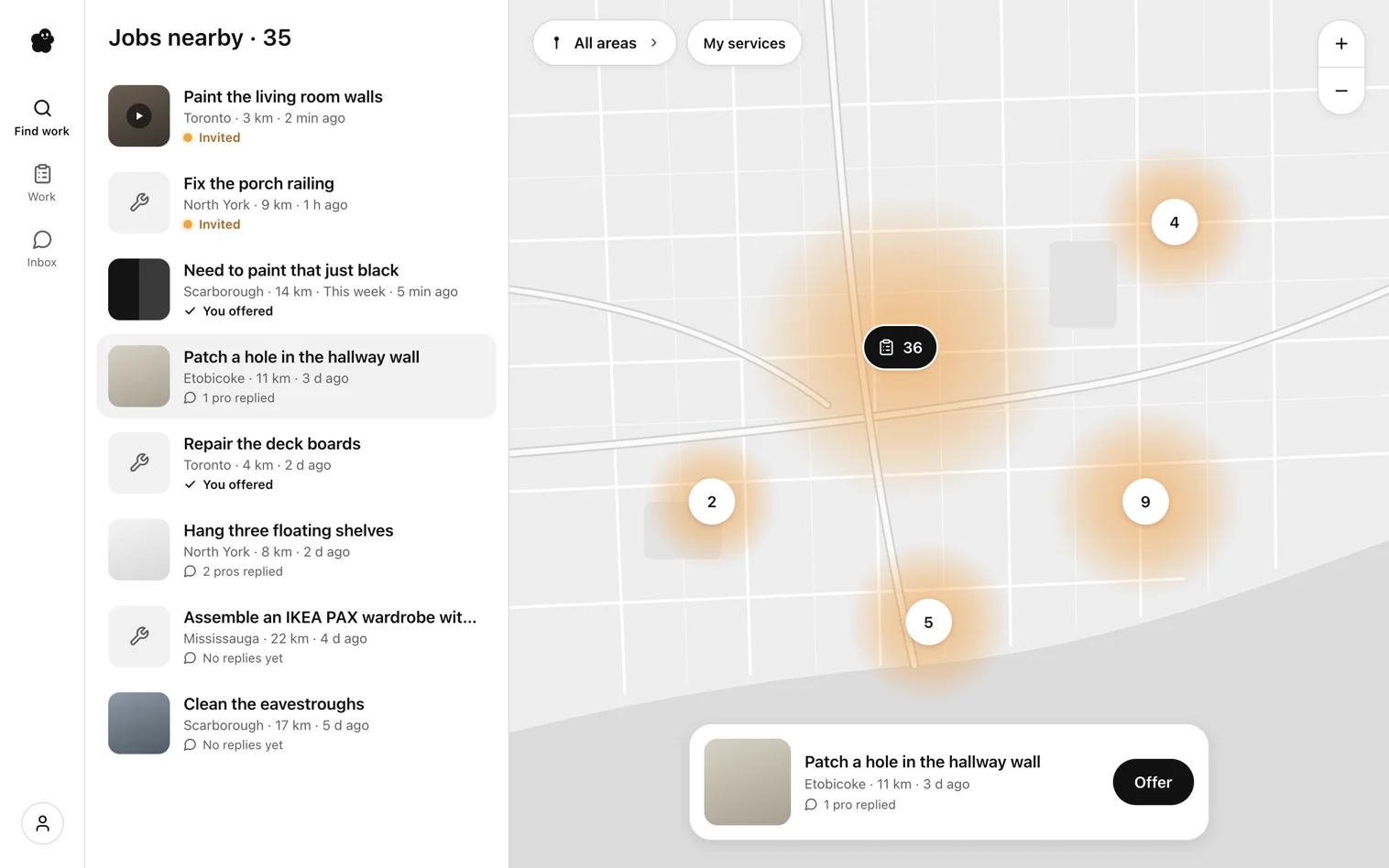 The Find work screen in the Taskpuff web app: a list of nearby jobs in Toronto beside a map with amber job markers.